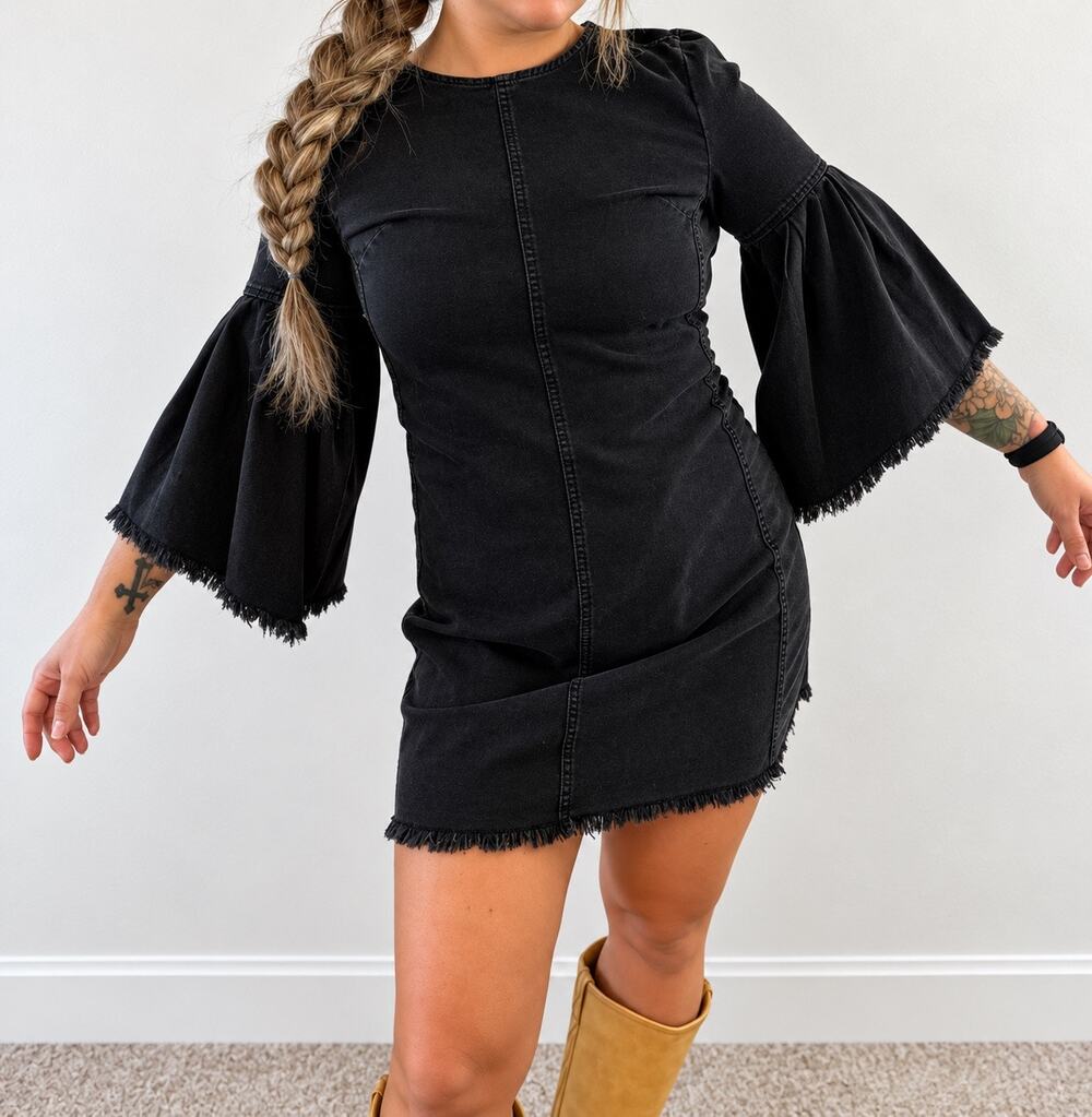 Free People We The Free Reckless Life Black Denim Bell Sleeve Mini Dress